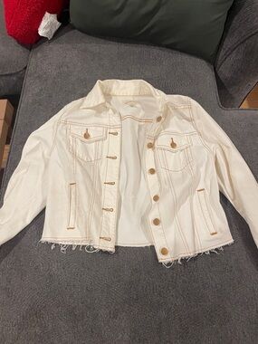 Universal Thread Cream Denim Jacket with Tan Stitching
